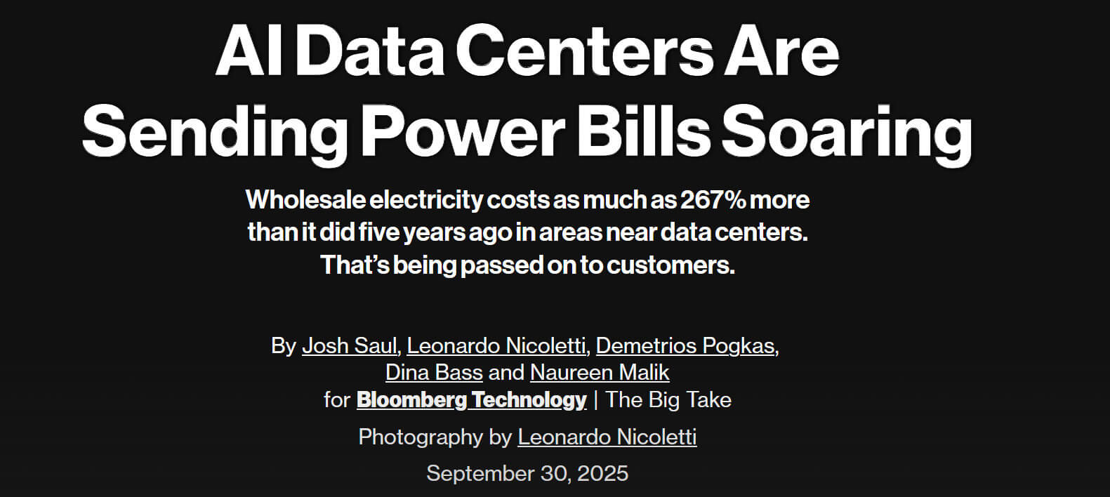 彭博社今年9月30日的报道标题：人工智能数据中心正在导致电价飙升。
